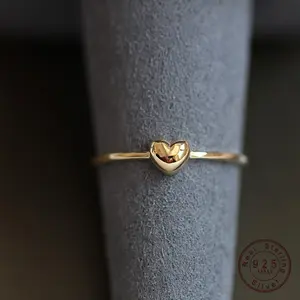 925 Sterling Silver Plated 14K Gold Simple Heart Ring for Women Korean Cute Everyday Jewelry Accessories