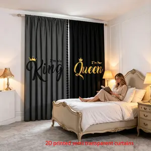 Black Grey King Queen Crown Printed Rod Pocket Curtains -2-piece set of semi transparent polyester curtains suitable for bedrooms, living rooms, and offices, machine washable - contemporary fashion theme Room Decor Curtain Window Curtain