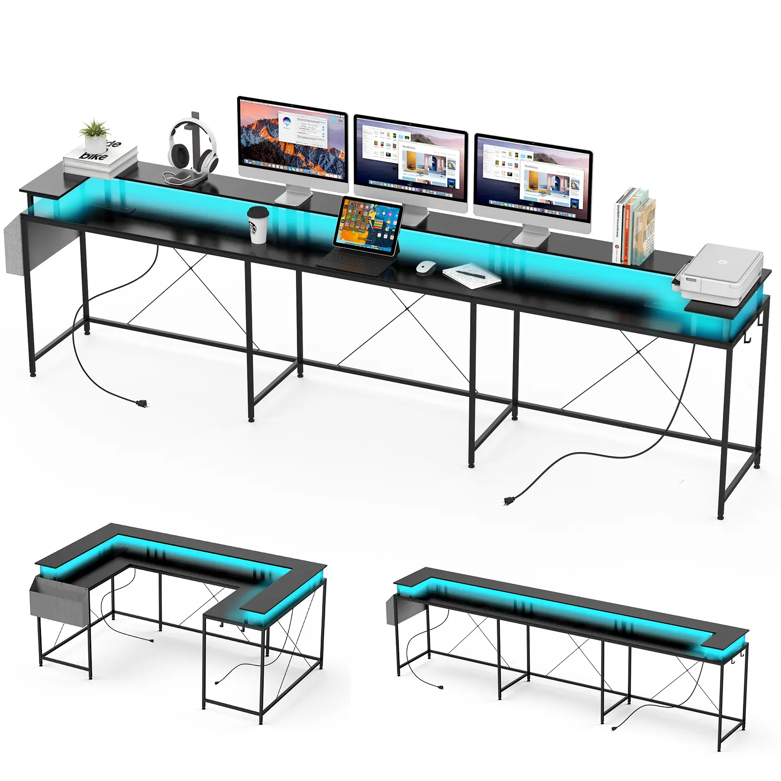 U-Shaped Reversible Office Desk with Power Outlets, RGB LED Lights, Monitor Stand & Storage Shelves – Large Corner Computer Table for Home Office or Executive Use