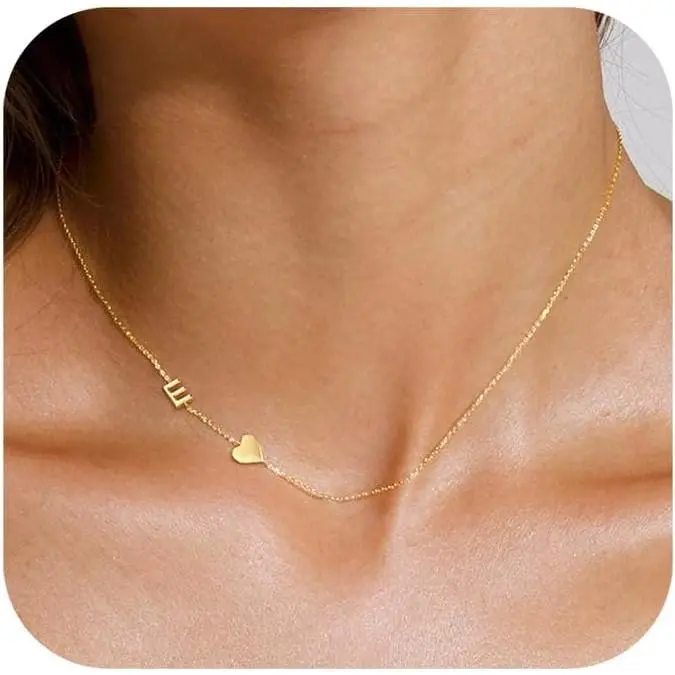 Dainty Gold Initial Necklaces for Women,14k Gold Plated Sideways Letter Necklace Personalized A-Z Name Heart Choker Necklace Tiny Cute Monogram Necklace Jewelry Gift