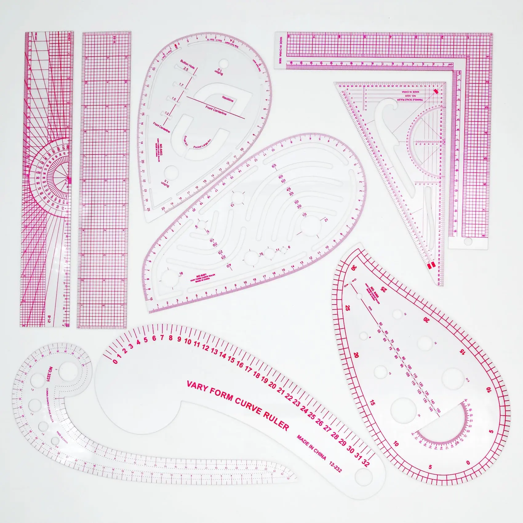 Clear Metric Sewing Ruler Set, 9 Pieces French Curve Ruler Plastic Pattern Sewing Rulers Clear Cutting Drawing Tool Metric Curve Shaped Rulers for Beginners Tailors Designers Embroidery