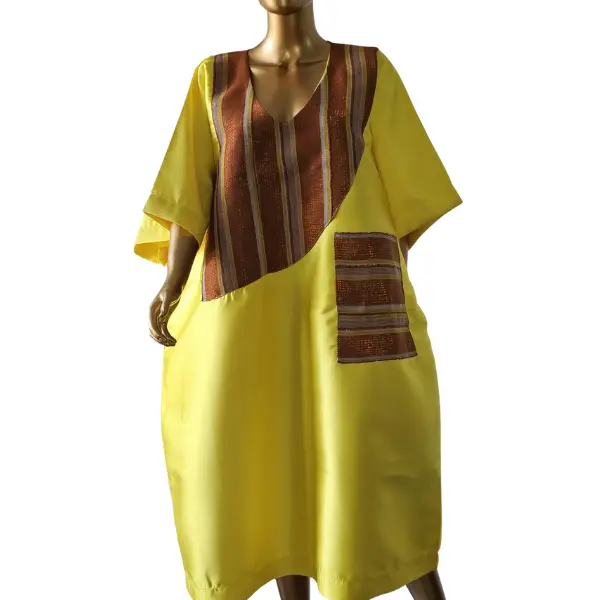 Luxanoir Vibrant Yellow Midi Bubu Gown Rust Brown & Gold Aso Oke Accent XL-1XL