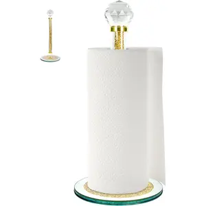 Decorative Paper Towel Holder, Gold Crystal Paper Towel Dispenser, Crushed Diamond Home Decor Toilet Roll Holder Stand with Heavy Base, Freestanding Paper Holder for Kitchen, Bathroom (Round/Gold)
