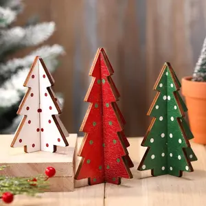 Rustic Style Christmas Trees Set of 3 with Polka Dot Pattern, Wooden Tabletop Decor for Holiday Centerpieces and Tiered Trays, Room Decor Ornament