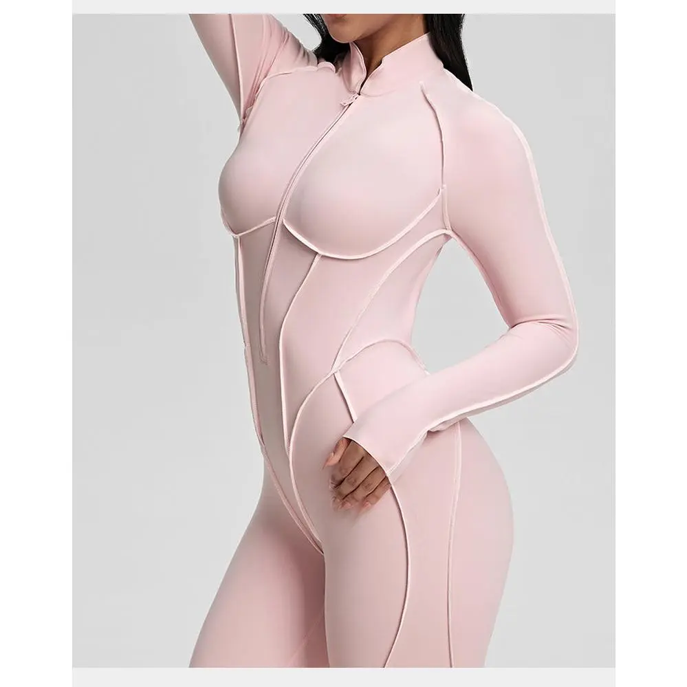 ALPINEA One-Piece Zip-Up Yoga & Pilates Bodysuit - Cutout Back, Color Block Long Sleeve| Sculpting Gym Outfit