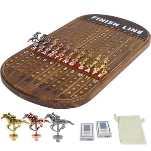 Horse Race Board Game Racing Game Solid Wood with 11 Luxurious Durable Classic Metal Horses with 4 Dice and 2 Boxes of Cards Finish Line Horse Racing Game (Rustic Brown)