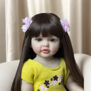 GUESSBELLY 55cm 22 Inch Lifelike Vinyl Body Reborn Baby Girl Doll Long Brown Hair Princess Toddler Doll Toy Christmas Birthday Gift