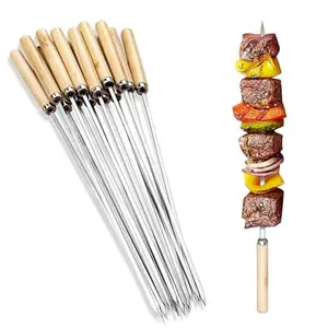 50pcs Kabob Skewers BBQ Barbecue Skewers Stainless Steel Skewers with Nonslip Wooden Handle Flat Skewer for Grilling Reusable Chicken Vegetables 13.7 Inch Set of 30