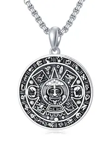 Aztec Calendar Necklace Sterling Silver Round Aztec Mayan Calendar Pendant Necklace Jewelry with 2mm 22+2 In Rolo Chain