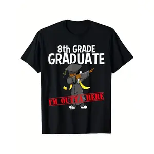 8th Grade Graduate T-Shirt - "I' Outta Here" Retro Dab Dance Suitable for Kids, Teens & Adults, Graduation Gift, Unisex Adult Casual Round Neck Shirt with Dabbing Cartoon Character Print for Year-Round Wear