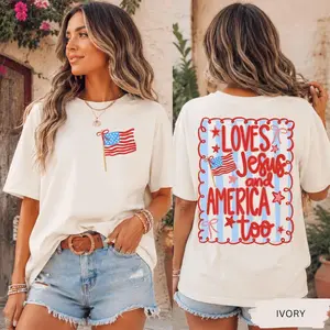 Comfort Colors Loves Jesus and America Too Shirt, Patriotic Coquette Bow Tee, American Flag 4th of July Shirt - AG