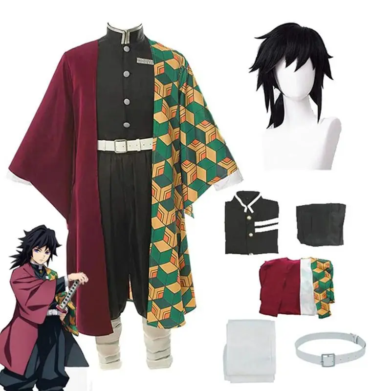 Anime Kimetsu No Yaiba Tomioka Giyuu Full Costume Set Pack - Cosplay Wear Fabric Suit and Wig with Accessories for Adults - Home Decor Party Gift