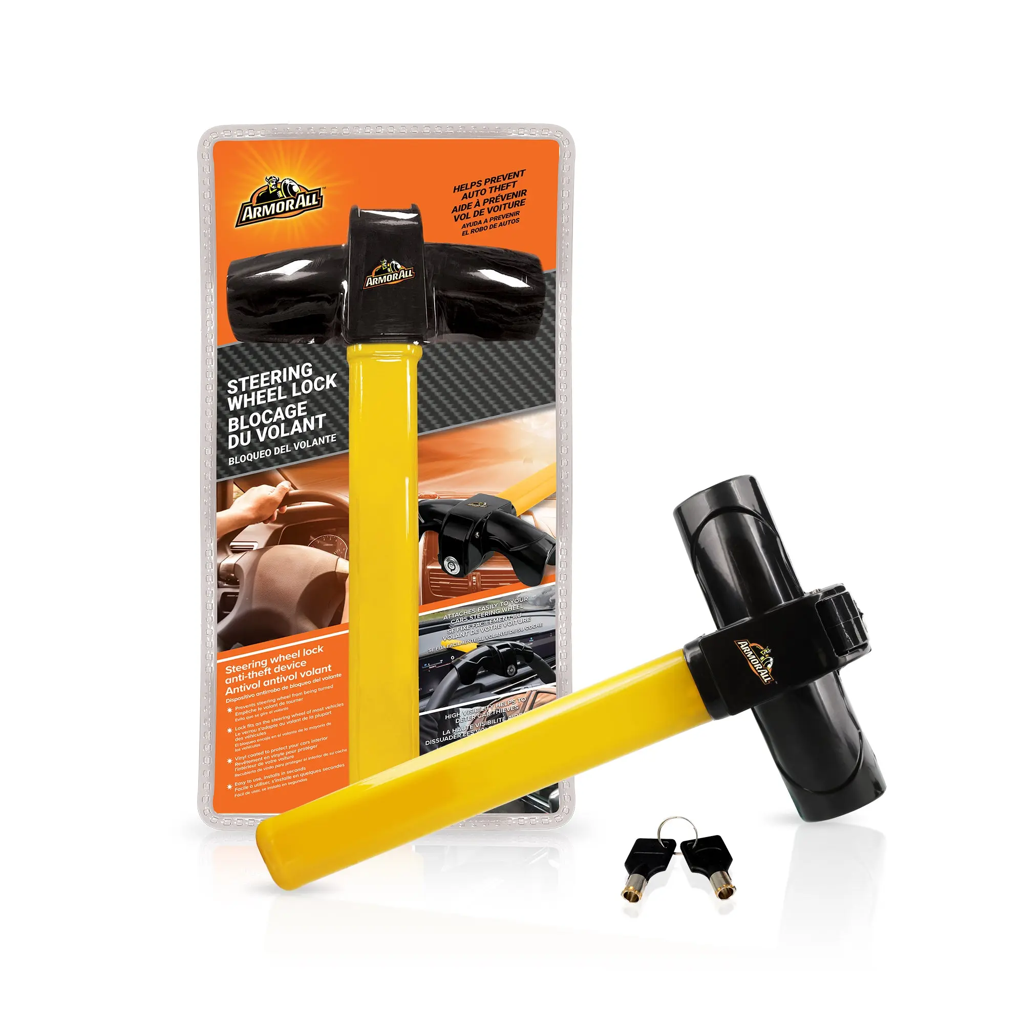 Armor All Steering Wheel Lock, Car Anti-Theft Security Device with 2 Keys, Yellow & Black