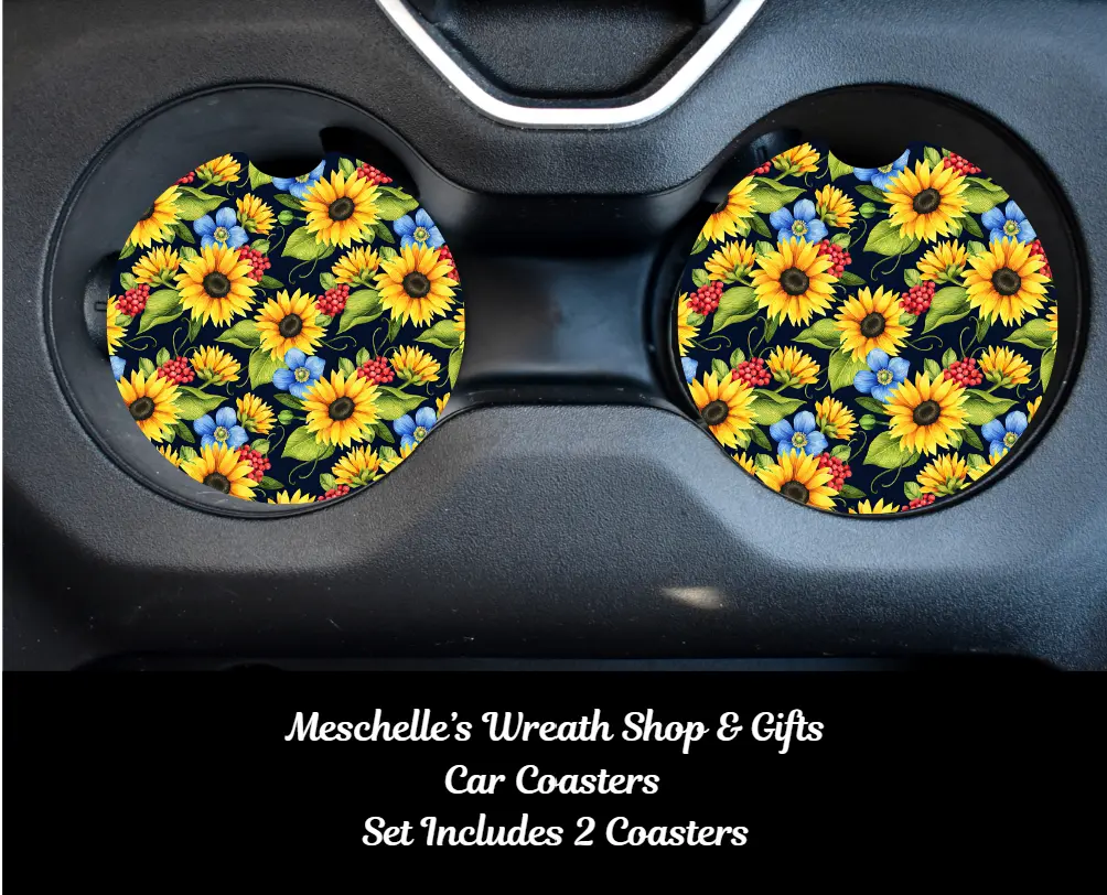 Sunflower Car Coasters (2.75in), Neoprene/Ceramic Functional Car Interior Accessories, Spill-Proof Cup Holder Protection, Easy-to-Clean Dashboard Decoration