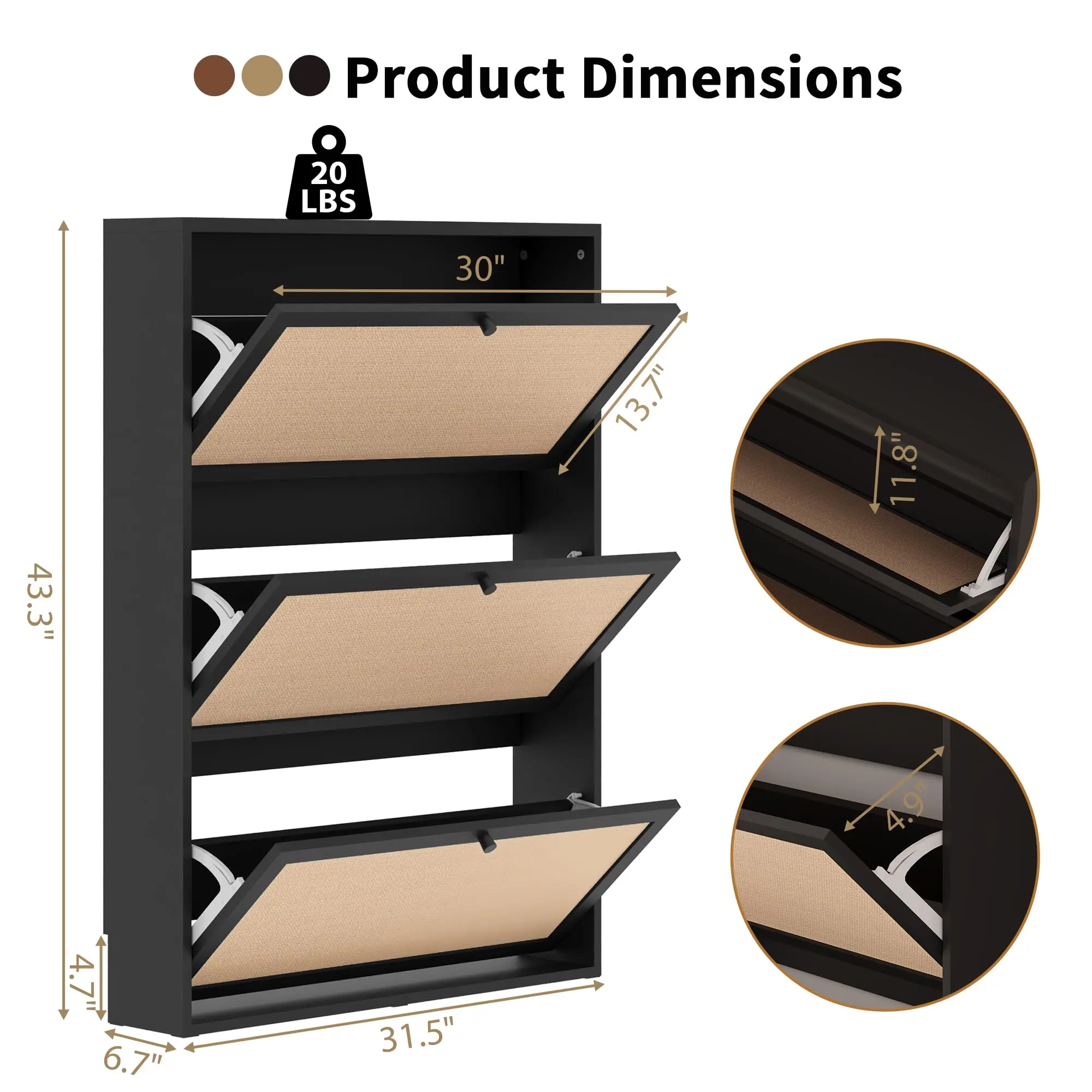 Black 3 Drawers Single Layer