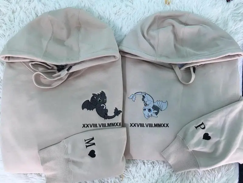 Toothless Embroidered Hoodie, Night Fury x Light Fury Matching Roman Numeral Embroidered Sweatshirt, Custom Couple Sweater, Matching Embroidered Sweatshirt, Matching Hoodie Embroidery, Matching Hoodie BF And GF