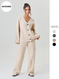 Women's Slouchy Solid Color V-neck Button-up Long Sleeve Cardigan & Stretch Loose Trousers Co-ord, Womenswear