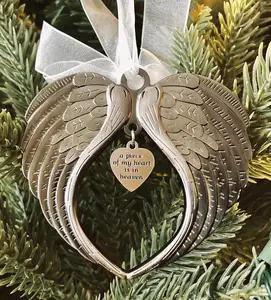 Christmas Ornaments Angel Wings - A Piece of My Heart is in Heaven Ornament for Christmas Tree - Double Sided Memorial Ornament for Loss of Loved One - Luxurious Silk Ribbon & Red Gift Bag