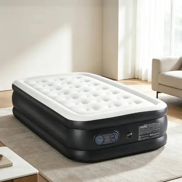 18" Multi Purpose Inflatable Airbed with Built-in High-Capacity Pump, Double-Height Blow-Up Design, Non-Slip Bottom, Honeycomb Support, Supports Up to 660 lbs for Home, Camping