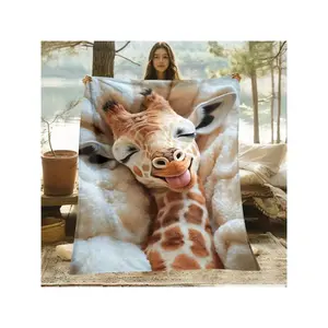 Adorable Smiling Giraffe Printed Plush Blanket - Soft Fluffy Throw for Cozy Home Decor & Snuggling