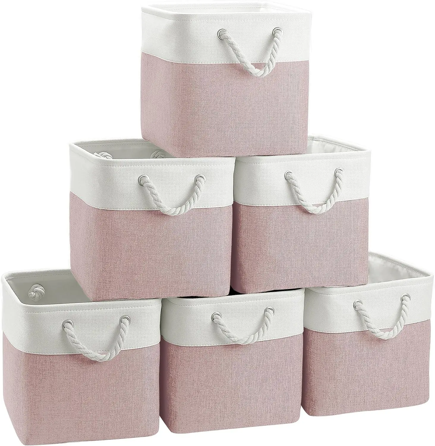 Linen Decorative Cube Storage Organiser Baskets, 6-Pack 11x11in Boxes with Cotton Handles for Closet, Shelves (White/Pink), Room