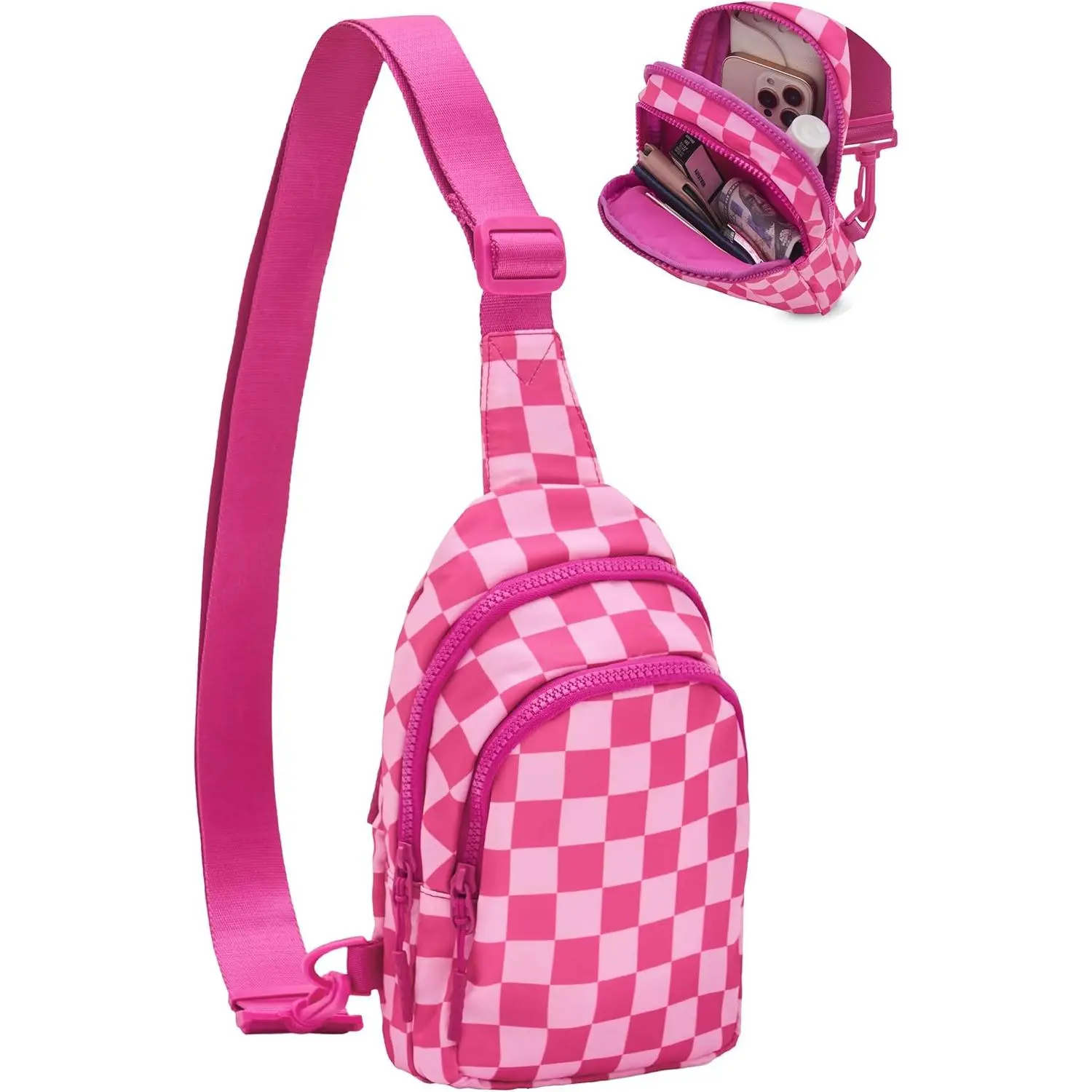 Checkered Sling Bag for Women, Water Resistant Nylon Crossbody Chest Bags with Adjustable Shoulder Strap for Travel Hiking,Rose RedCheckered Sling Bag Small Backpack Lightweight Crossbody Chest Bag Purse casual shopping bag Quilted Fanny Pack