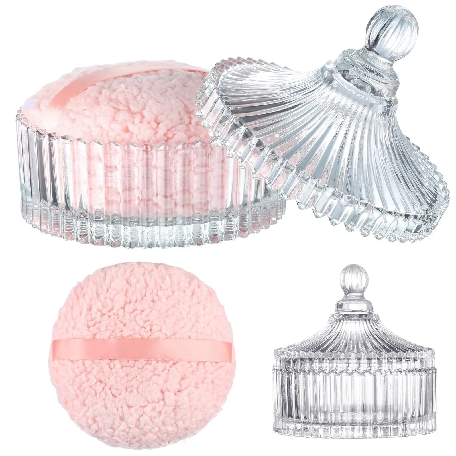 Large Body Powder Puff Set with Crystal Container, 6 in Washable Reusable Velvet Puff for Daily Care, Solid Form Powder Applicator for All Skin Types, Face Body, Wash Reusable