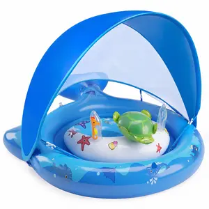 Inflatable Baby Pool Float with UPF50+ Sun Protection Canopy & Anti-Tip Safety Seat - Durable, Easy to Inflate, Includes Air Pump, Sprinkler Play Mat, Stackable Rings for Hand-Eye Coordination, Portable for 6-36 Months Kids (Blue) summer outdoor toy