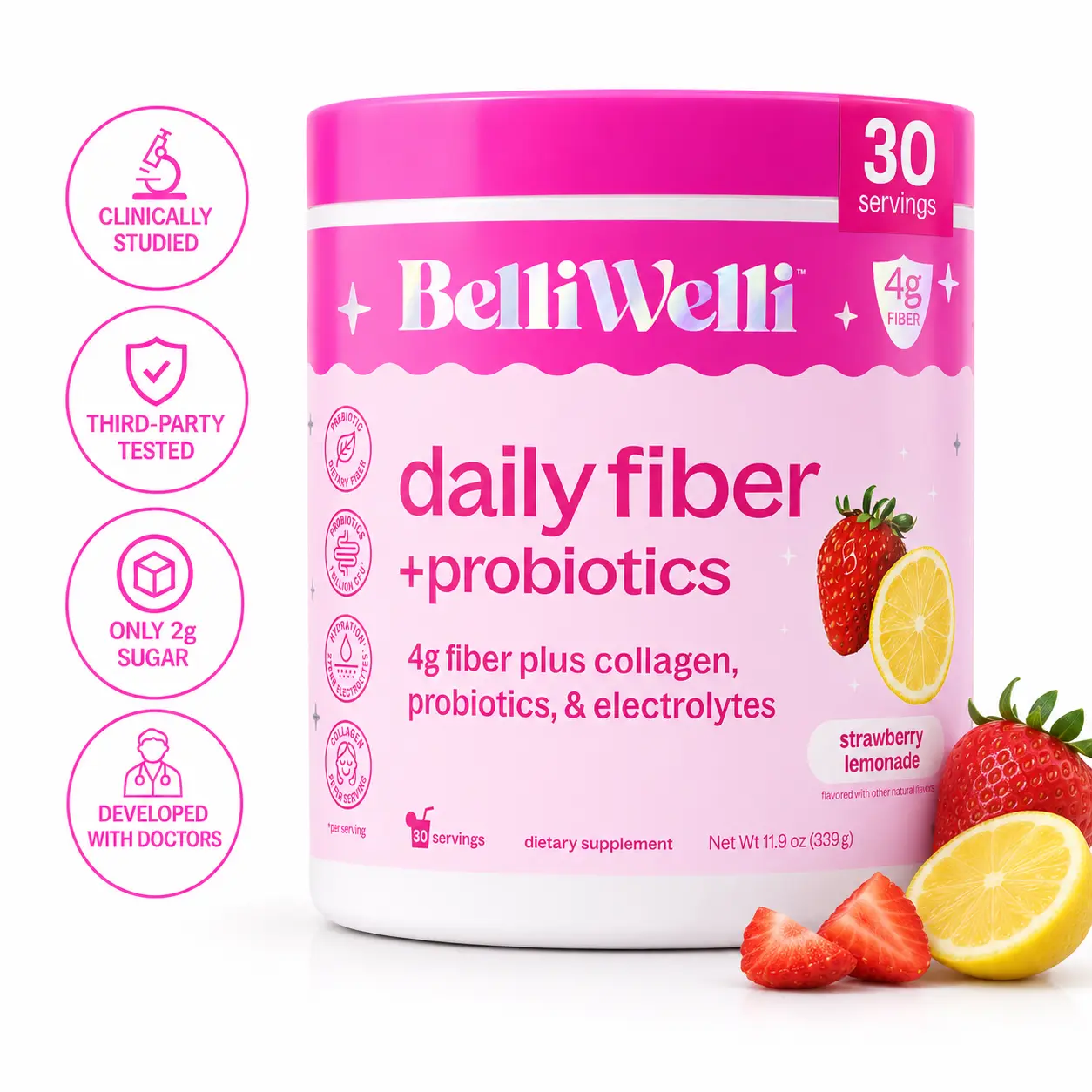 BelliWelli Daily Fiber + Probiotics - Strawberry Lemonade - 30 day