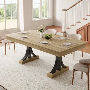 71-Inch Dining Table for 6-8 People,Wooden Kitchen Table with 2 Drawers,Rectangular Farmhouse Dinner Table with Double Pedestal for Kitchen Living Room