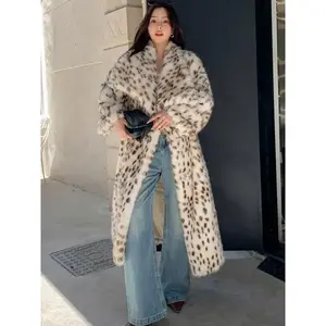 New Plus Size Women's Faux Fur Coat, Long Winter Fashion Warm Cat Print Overcoat, Stylish Large Lapel Design for Autumn & Winter