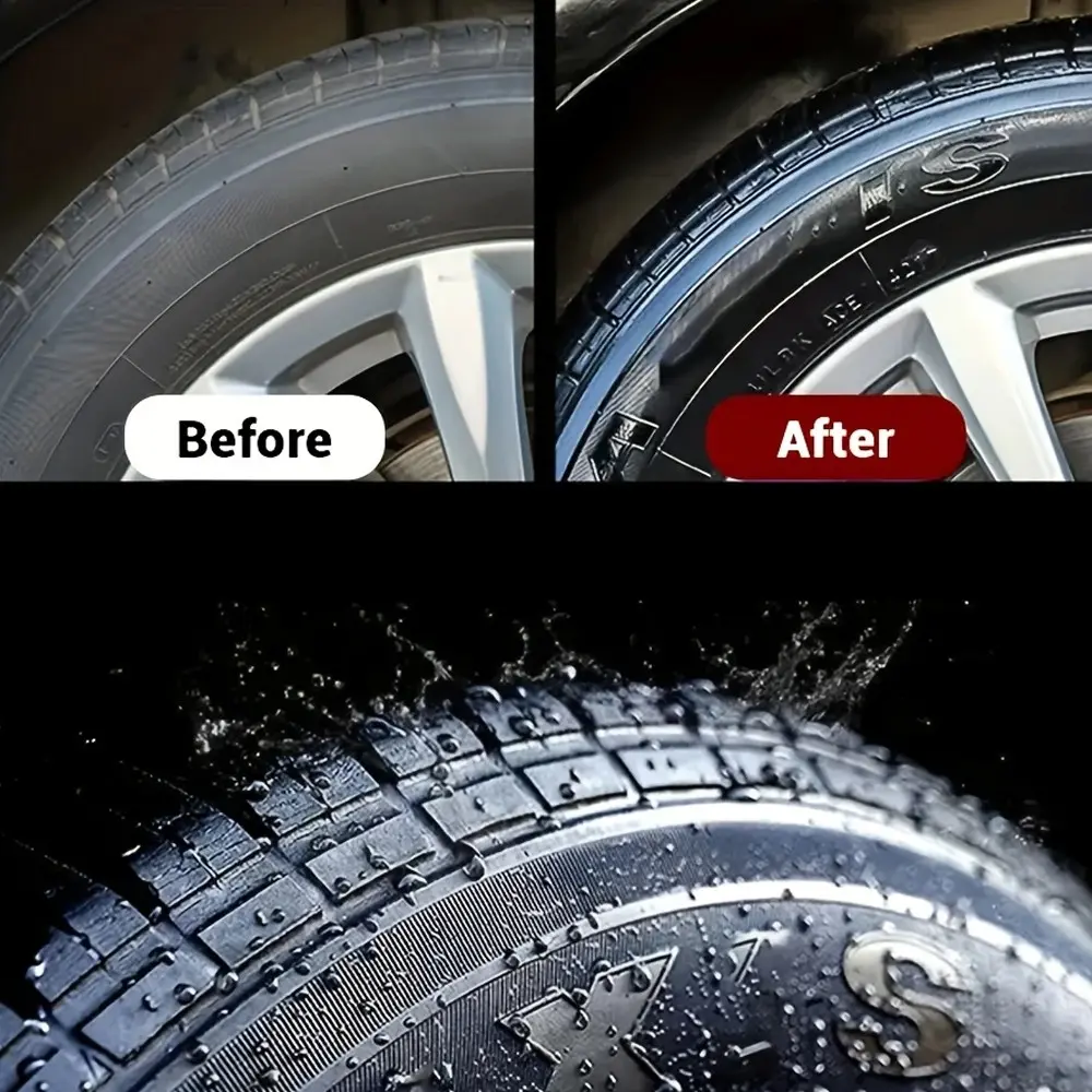 Before and after tire shine water repellent result