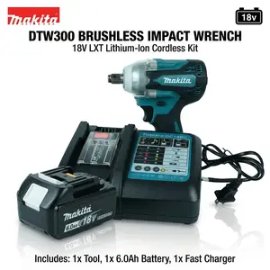 Makita DTW300 Brushless Impact Wrench, 18V Lithium Battery, 330N・m Tightening Torque, 580N・m Maximum Breakaway Torque, 1/2" Square Drive, Adjustable Speed for Automotive and Heavy-Duty Bolts, One Battery and Charger