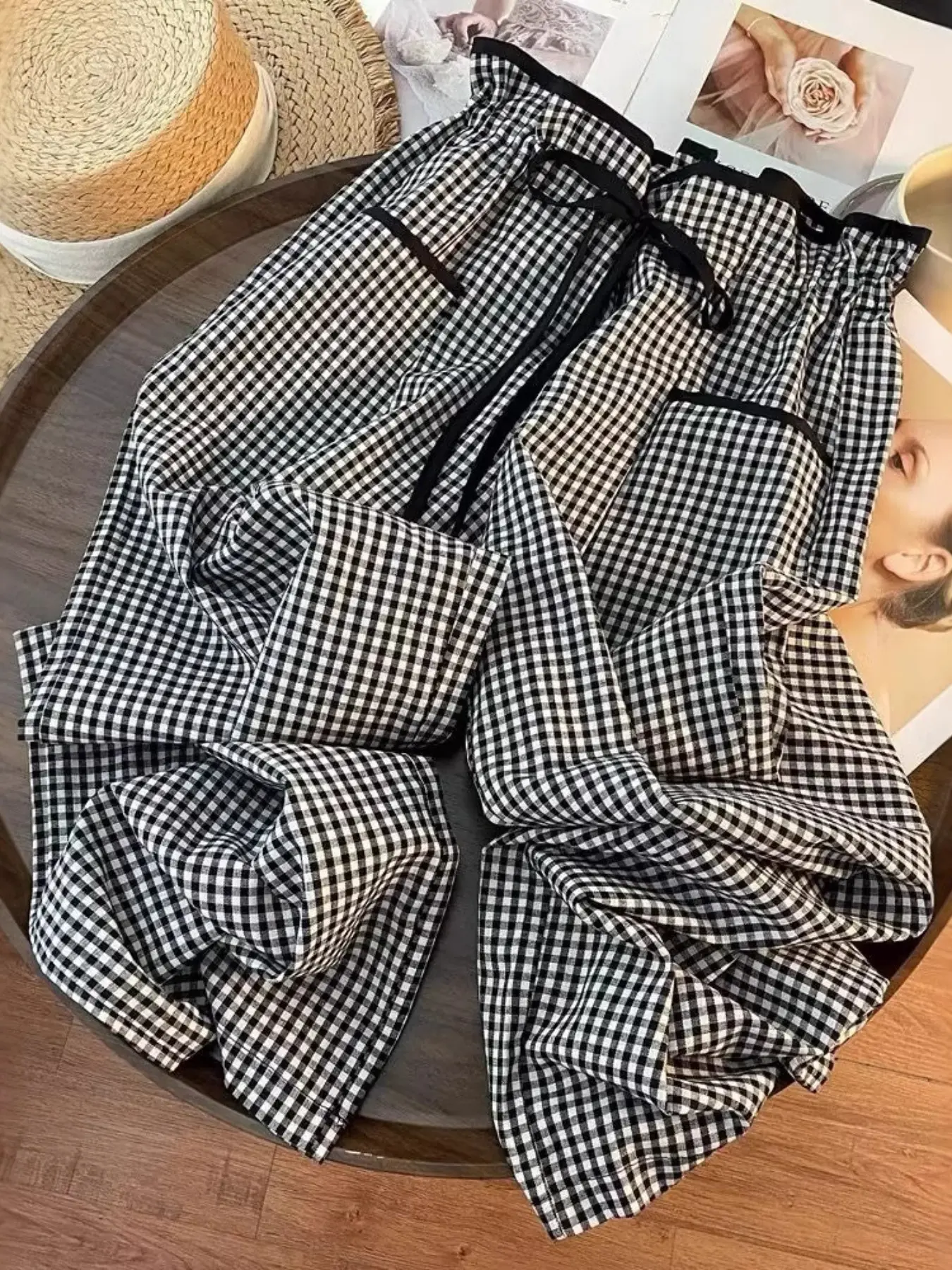 Women's Plaid Flower Bud Design Drawstring Adjustable High Waist Pants, Versatile Straight Leg Wide Leg Pants, Comfortable Casual Long Pants for All Seasons, Casual Work Pants, Casual Fashion Loose, Casual Comfy Trousers