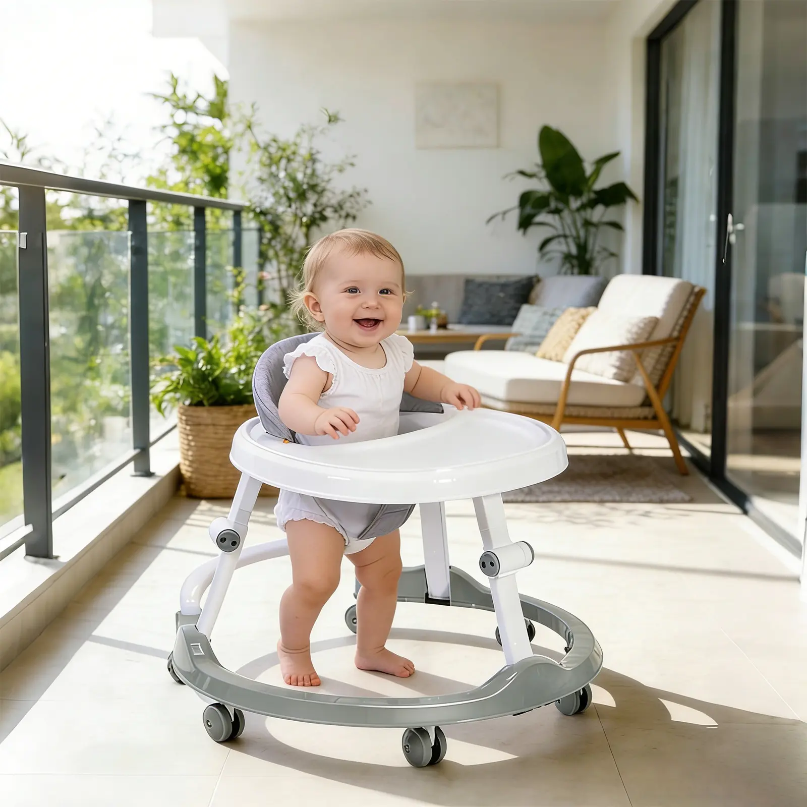 Adjustable Anti-Rollover Baby Walker, Foldable Anti O-Leg Toddler Walking Learning Chair with Wide Stable Base, Baby Walkers for 6-18 Months Infant Boys Girls andador para bebes first steps, Linen, Portable