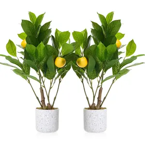 GAOMON 2 Pack Lemon Branch Fake Plants, 19.7" Artificial Lemon Tree with Speckles White Pot, Decorative Artificial Lemon Plants Indoor for Home & Office