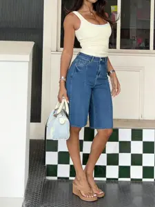Summer Trendy Bermuda Jeans Shorts, High Waist Loose Wide Leg, Classic Stitch Details, Minimalist Design, Women's Casual Fashion
