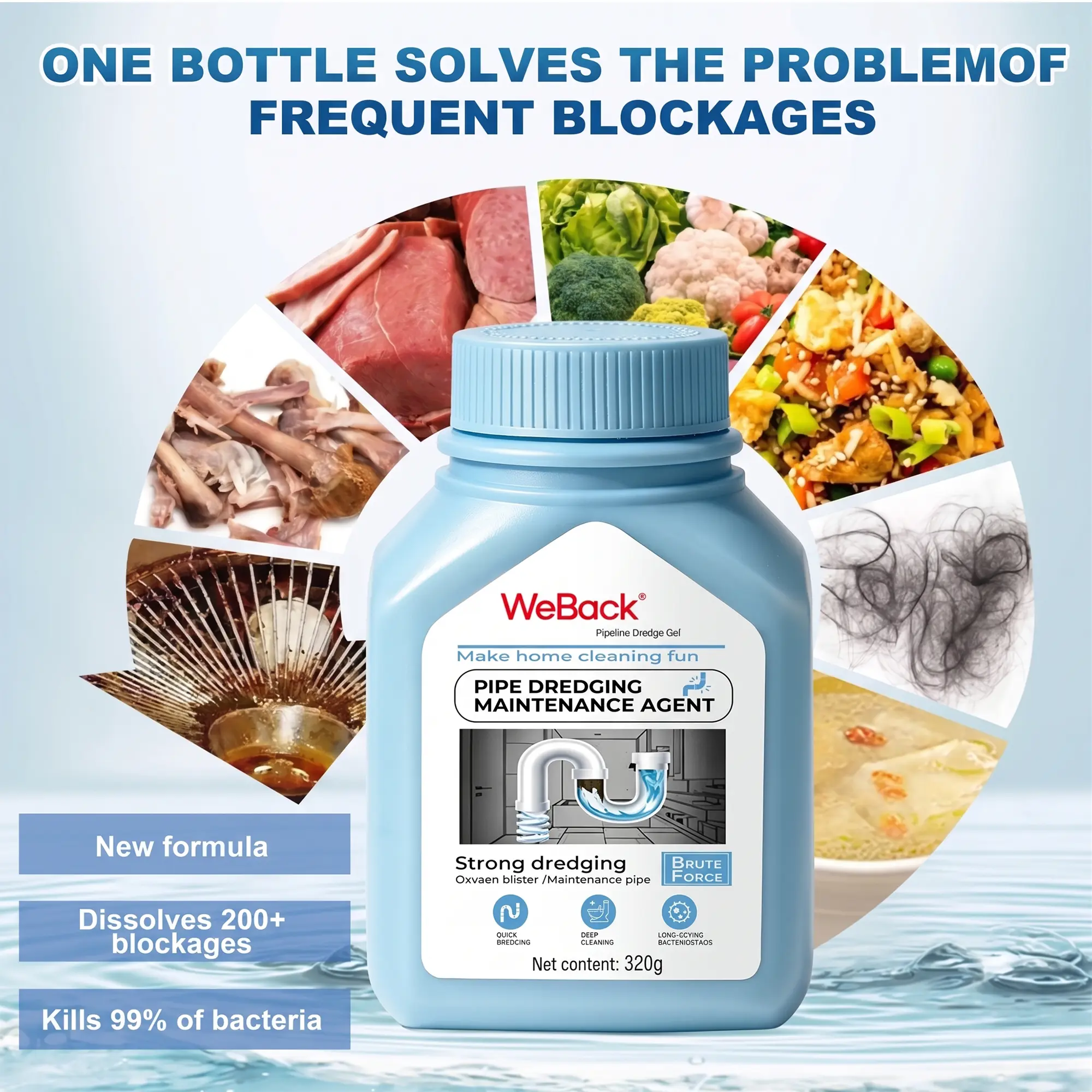 Powerful Household Drain Unclogger - Lemon-Scented Powerful Cleaner, Gloves Included, Anti-Bacterial Cleaning Product, Dissolves 200+ Blockages & Hair & Fat, Kitchen & Toilet Use, Safe for Iron & Stainless Steel, Cleans, Deodorizes, Disinfects