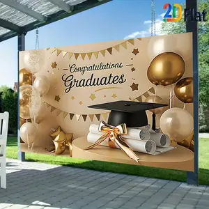 2D flat banner wall decoration, 1pc. Graduation party decoration, graduation cap theme celebration scene, kindergarten, primary school, middle school, university graduation ceremony, youth anniversary party photo props, balloon ribbon banner background wa