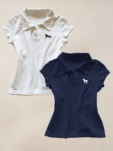 2PC New American 2000 Retro, Y2K Top Trendy, Summer Polo Neck Short, Slim Shoulder T-shirt for Women