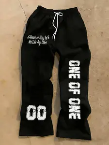 Women's 'one of One' Letter Print Flared Pants, Casual Elastic Waist Slogan Printed Long Pants, Loose-Fitting Graphic Trousers, Black