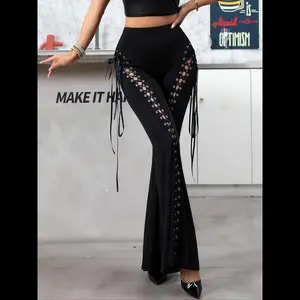 NewWomen's Lace Up Tie Front Flare Leg Pants, Punk Fashion Casual High Waist Bell Bottom Trousers for Daily Outdoor Wear, Ladies Bottoms for All Seasons