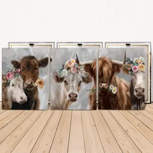 3 Counts Wooden Framed Canvas Painting, Adorable Floral Crown Cows Images, Exquisite Poster, Perfect Living Room Decoration, Modern Art, Fashion Family Poster, Wall Art Decoration, Modern Floral Paintings, Waterproof Art