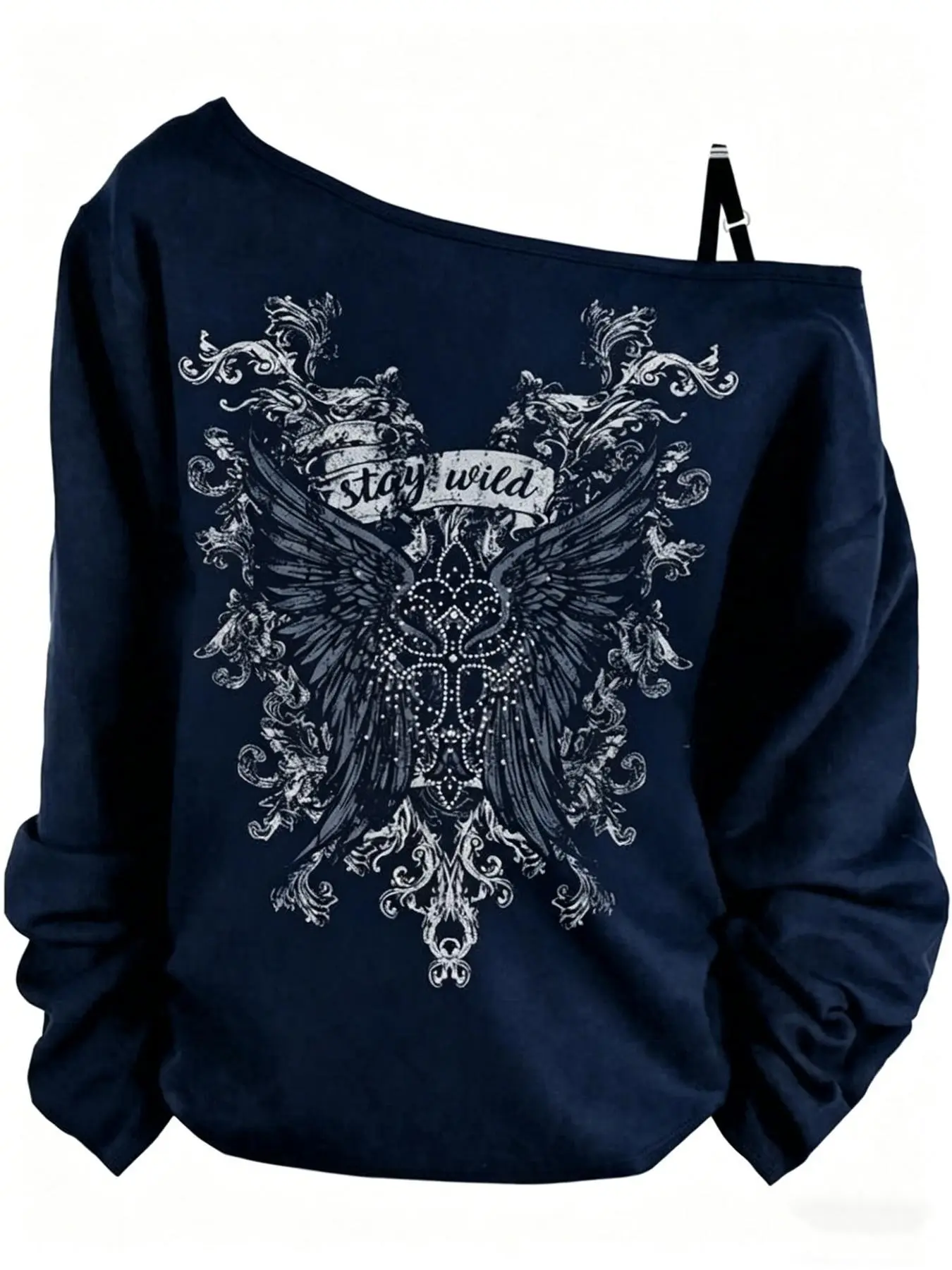 Dark-themed, sexy off-the-shoulder Long Sleeve T-shirt with a distressed wing print. Slim fit and thin straps create a sexy edgy look. Perfect for Women, subcultures, Y2K fashion, Streetwear and Casual, Casual Chic Streetwear
