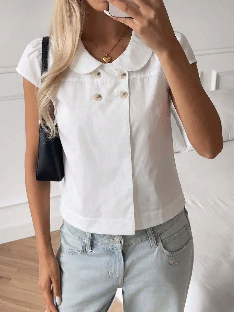Women’s Peter Pan Collar Blouse, Double Button Short Sleeve Top, Cute Preppy Casual Summer Shirt for Work School Everyday Wear