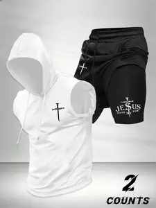 Men's Fashion 2-Piece Set, Cross Print Hooded Sleeveless Vest Top and Drawstring Waist Basketball Shorts, Casual Summer Outdoor Sports Wear