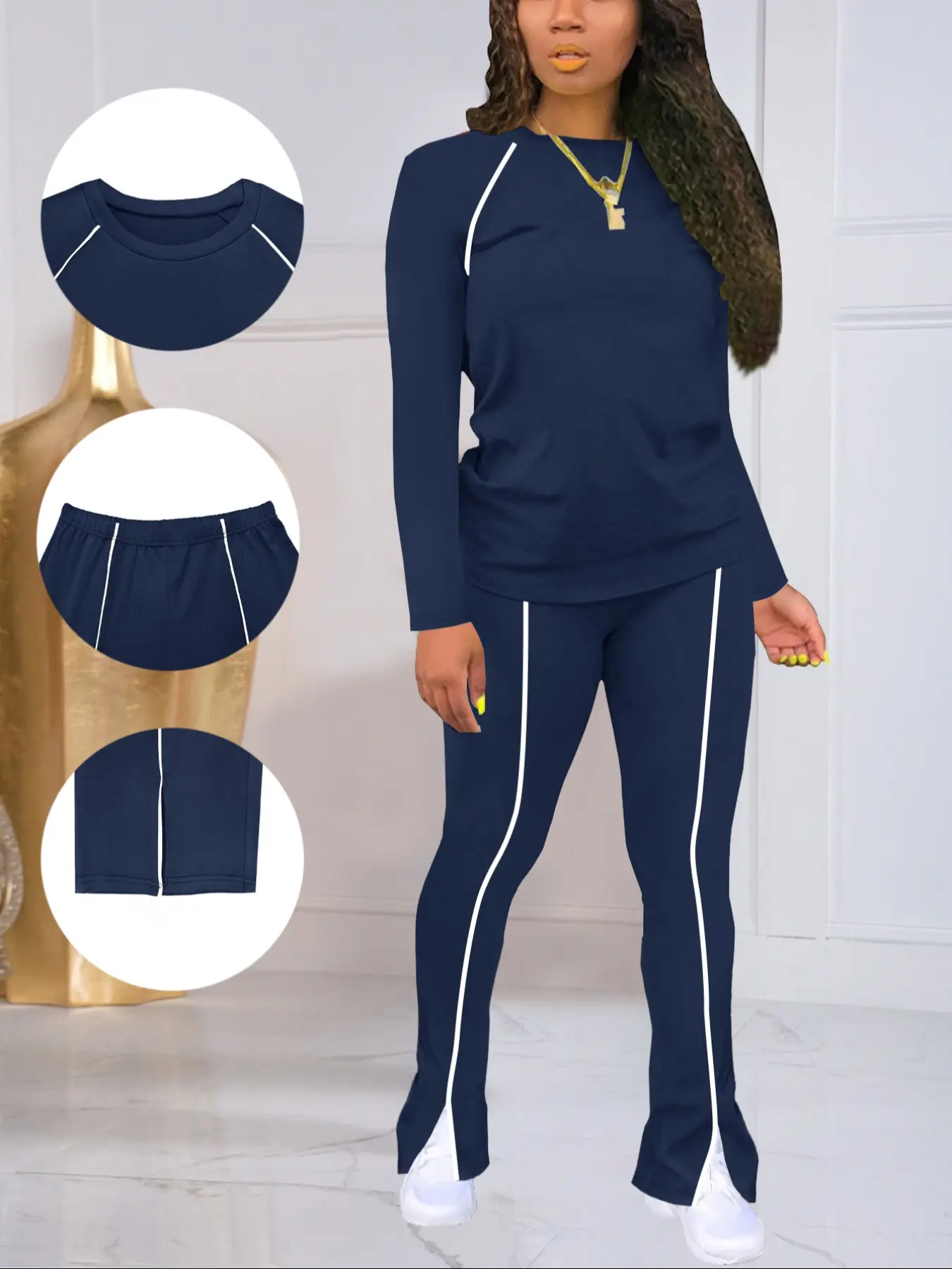 Women's Spring & Fall Round Neck Long Sleeve Pants Set, Sweatsuit Sets, Casual Sweatsuit Outfits, Casual Sportswear Home Wear, Classic Plain Style, Striped Personalized Leisure Look, Sweatsuit Set Outfit, Matching Sweat Set