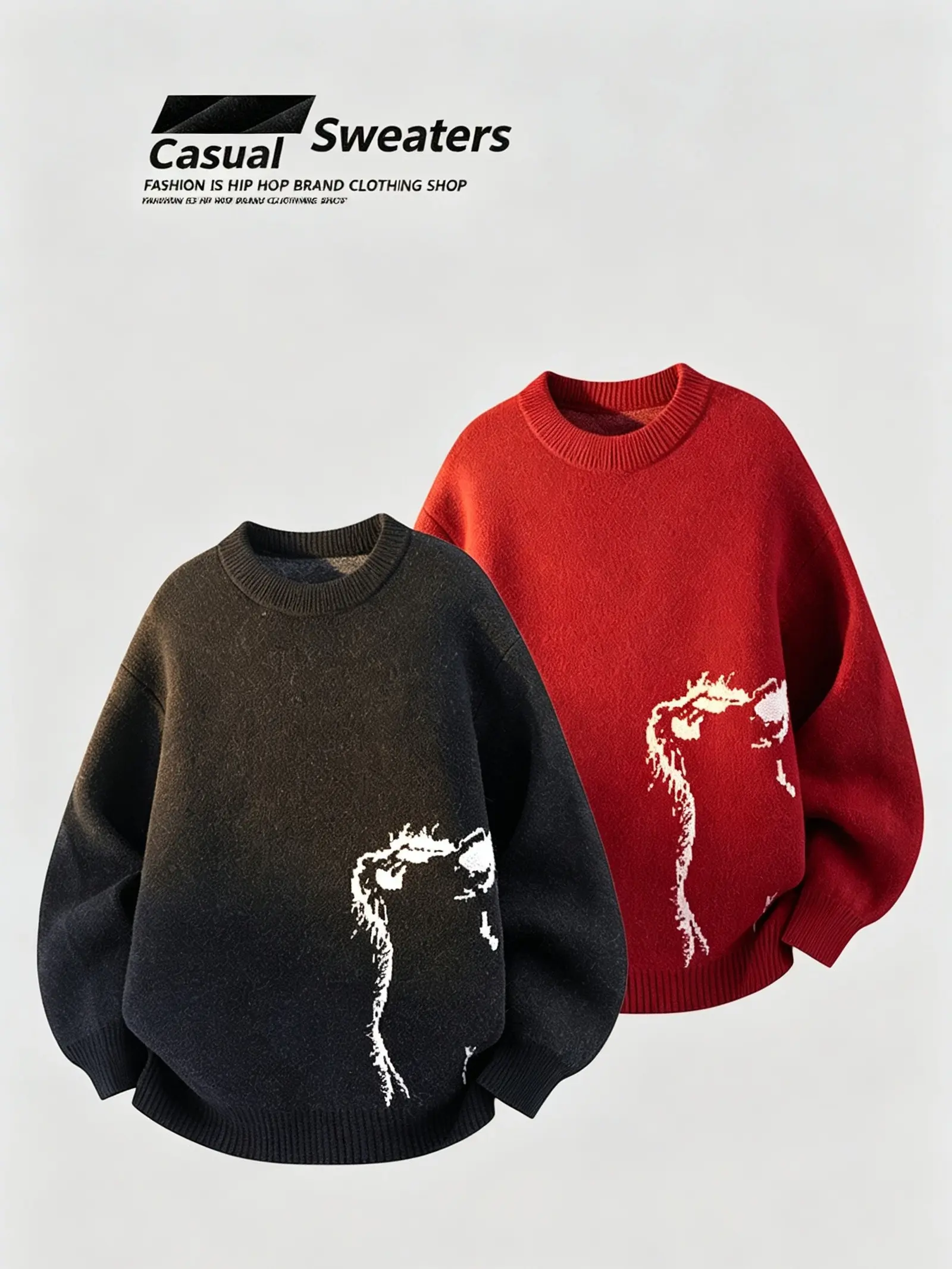 Men's Abstract Animal Graphic Crew Neck Knit Sweater, Oversized Loose Fit Long Sleeve Pullover, Hip Hop Streetwear Casual Knit Top, Vintage Animal Printed Knitted Sweater For Autumn Winter Daily Layer Outfits