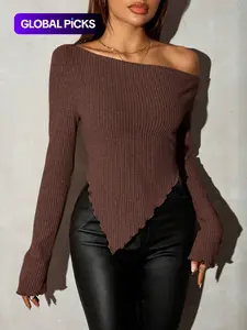 Women's Asymmetrical Neck Ribbed Knit Plain Shoulderless Sexy T-Shirt, Fall Casual Outerwear, Stylish Ladies' Top for Daily Wear