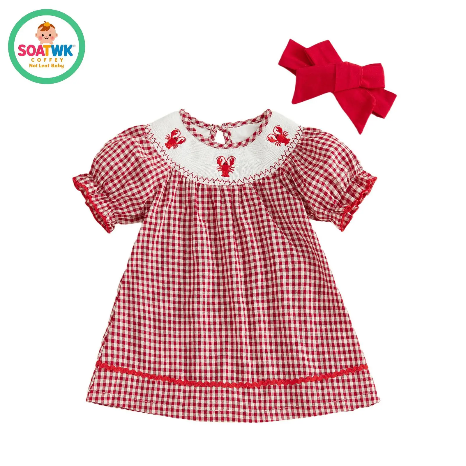 Toddler Baby Girl Summer Outfit Puff Short Sleeve Crew Neck Lobster Embroidery Plaid Print A Line Dress and Headband Set